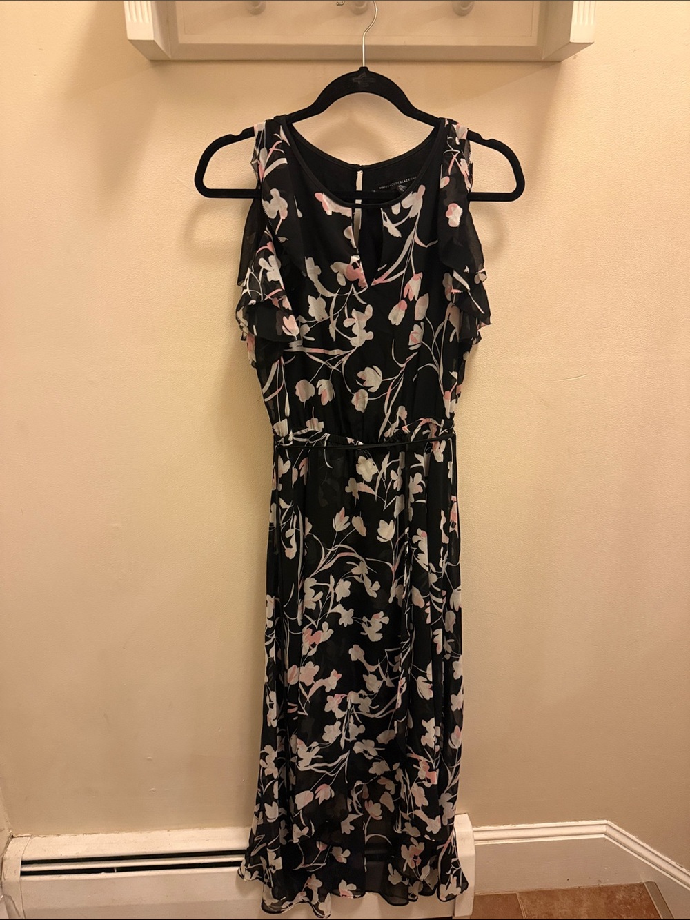 White House Black Market Black Maxi Dress with Pink & White Floral Accents
